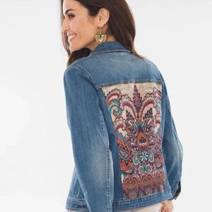 Chico's Paisley Romance Studded Western Boho Embellished Stretch Denim Jacket